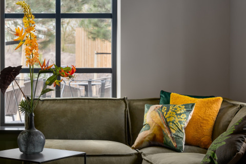 Gemütliches Wohnzimmer im Tiny House mit olivgrünem Sofa, bunten Kissen und Blumen vor dem Fenster.