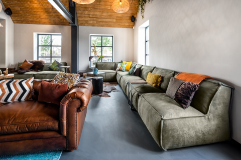 Soggiorno in una tiny house con divani moderni, mobili in pelle e cuscini colorati sotto un soffitto in legno.