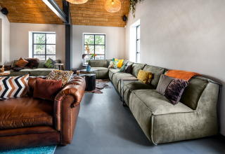 Salon d'une tiny house avec canapés modernes, meubles en cuir et coussins colorés sous plafond en bois.