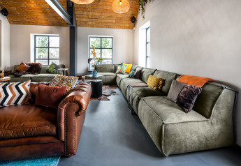 Salon d'une tiny house avec canapés modernes, meubles en cuir et coussins colorés sous plafond en bois.