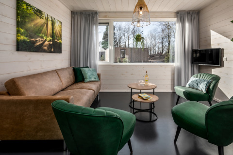 Salon lumineux dans une tiny house avec canapé marron, fauteuils verts, tables rondes et grandes fenêtres.