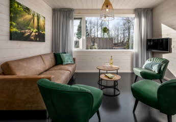 Salon lumineux dans une tiny house avec canapé marron, fauteuils verts, tables rondes et grandes fenêtres.