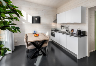 Modern small kitchen and dining area inside a tiny house at Holiday Park ‘Schaijk 2’ in the Netherlands.