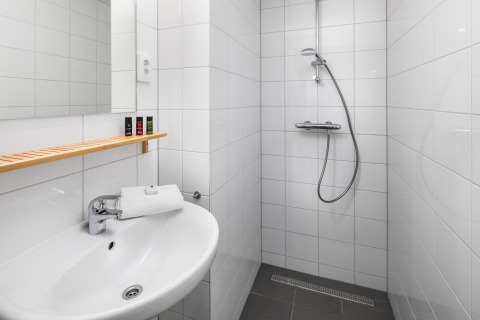 Bagno moderno in una tiny house a Holiday Park Schaijk 2, Paesi Bassi, con doccia, lavabo e mensola.