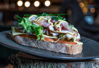 Leckeres offenes Sandwich mit Schinken, Käse, Salat und Senf auf einem Teller in einem Tiny House.