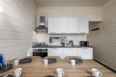 Compact kitchen and dining area with white cabinets and wood walls in a tiny house at Holiday Park Schaijk.