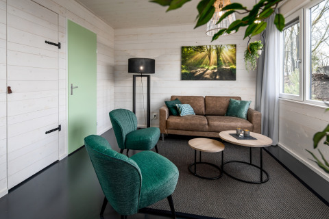 Moderne stue i et lille feriehus i Holiday Park Schaijk, Holland, med grønne stole og brune sofaer.
