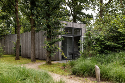 Kleines Holzhaus im Holiday Park Schaijk 1 in den Niederlanden, eingebettet in grüne Natur.