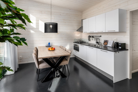 Cuisine et salle à manger modernes d'une tiny house au Holiday Park Schaijk 4, Pays-Bas, lumineuses.