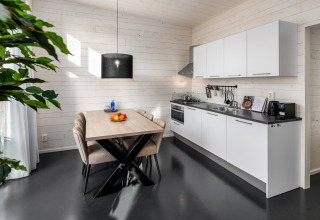 Cuisine et salle à manger modernes d'une tiny house au Holiday Park Schaijk 4, Pays-Bas, lumineuses.