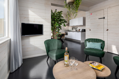 Salon de tiny house moderne, fauteuils verts, vin et cuisine ouverte au Holiday Park Schaijk, Pays-Bas.