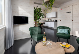 Salon de tiny house moderne, fauteuils verts, vin et cuisine ouverte au Holiday Park Schaijk, Pays-Bas.