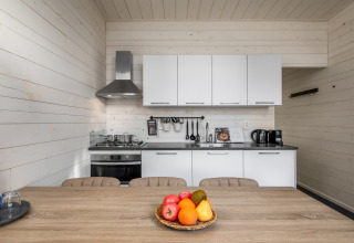 Cocina moderna de una tiny house en Holiday Park Schaijk 4, Países Bajos, con frutero sobre la mesa.