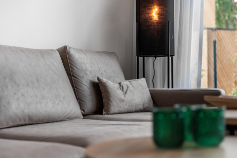 Soggiorno moderno con divano grigio, bicchieri verdi e lampada in una tiny house al Holiday Park Schaijk, NL.