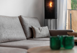 Modernes Wohnzimmer mit grauem Sofa, grünen Gläsern und Stehlampe in einem Tiny House in Schaijk, Niederlande.