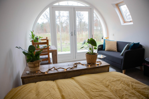 Lyst pod-interiør med gul seng, grønne planter, sofa og store buede vinduer i Nederlandene.