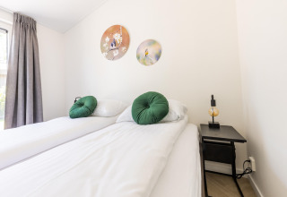 Chambre lumineuse au Holiday Park Molenvelden 8, Pays-Bas, avec deux lits simples et coussins verts ronds.