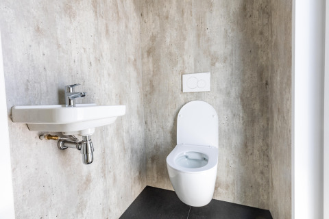 Modern bathroom with wall-mounted toilet and small sink at Holiday Park Molenvelden 8 in the Netherlands.