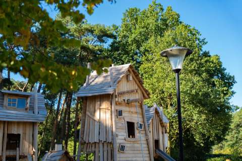 Un chalet en bois chaleureux dans une forêt, entouré d’arbres verts et un lampadaire au premier plan.