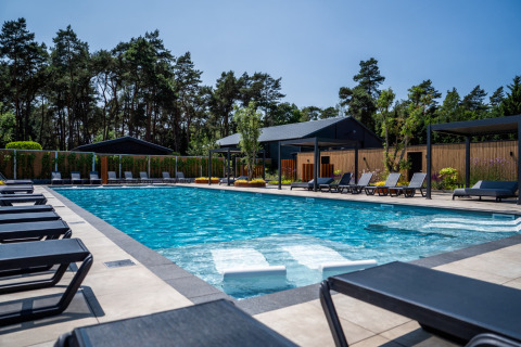 Piscina al aire libre con tumbonas en un chalet, rodeada de árboles y alojamientos modernos al fondo.