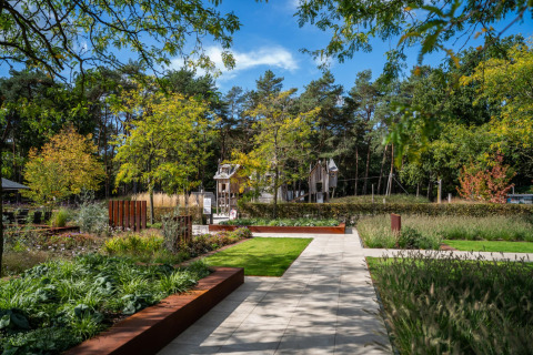Giardino di chalet ben curato con vialetti, piante verdi e case in legno tra alberi e natura.