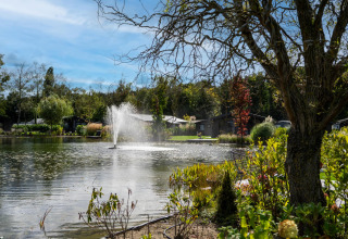 View of a peaceful chalet by a lake with a fountain, trees, and plants under a clear blue sky.