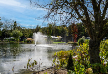 Vista de un chalet tranquilo junto a un lago con fuente, árboles y plantas bajo un cielo azul claro.