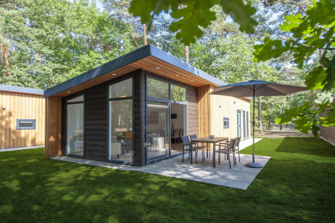 Modern wooden lodge at Forest Park 't Wolfsven 9, Netherlands, featuring a patio and garden furniture.