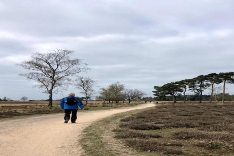 Persona che cammina su un sentiero sabbioso vicino a un alloggio glamping, sotto un cielo nuvoloso.