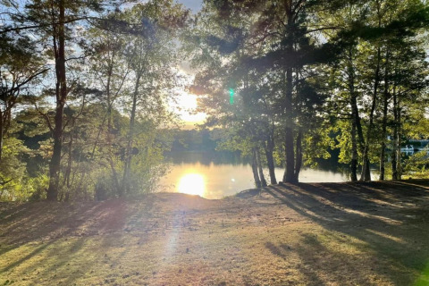 Solnedgangsudsigt over en sø fra et glampingsted med træer, græs og vand, der reflekterer lyset.