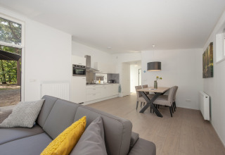 Modernes Wohnzimmer und Küche im Forest Park 't Wolfsven 10, Niederlande, mit Esstisch und Sofa