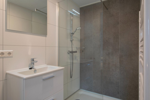 Bagno moderno con doccia, lavandino e specchio in una tiny house al Forest Park 't Wolfsven 21, Paesi Bassi.