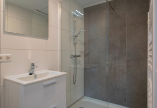Modernes Badezimmer mit Dusche, Waschbecken und Spiegel in einem Tiny House im Forest Park ’t Wolfsven 21, Niederlande.