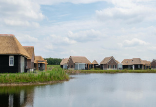 Glamping-Hütten mit Strohdächern am See in ländlicher Umgebung unter bewölktem Himmel.