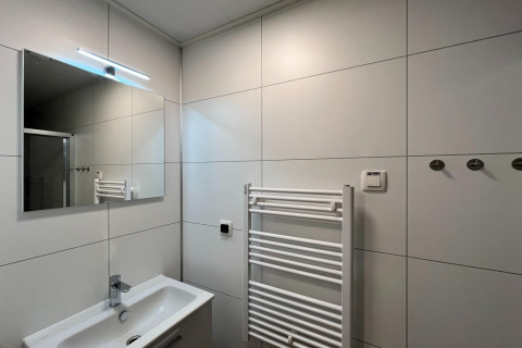 Salle de bain moderne avec miroir, lavabo, sèche-serviettes et crochets, Forest Park 't Wolfsven 20, Pays-Bas.