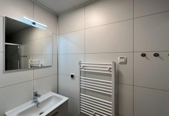 Modern bathroom with mirror, washbasin, heated towel rail and hooks, Forest Park 't Wolfsven 20, Netherlands.