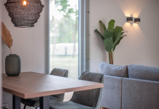 Modernes Lodge-Interieur mit Holztisch, grauem Sofa, grüner Pflanze und gemütlicher Beleuchtung.