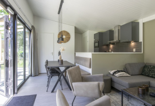 Interni lodge moderno al Forest Park 't Wolfsven 16 nei Paesi Bassi, cucina aperta e soggiorno.