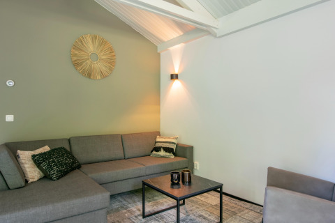 Salón moderno en chalet Forest Park 't Wolfsven 15, Países Bajos, con sofá gris y decoración de pared.