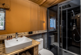 Moderne badeværelse i en safaritelte på Forest Park 't Wolfsven 12, med vask, toilet og brusekabine.