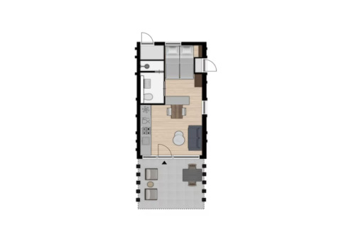 Plantegning af et lille feriehus ved Holiday Park Klein Vink 23, Holland, med kompakte værelser og terrasse.