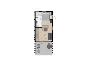 Plantegning af et lille feriehus ved Holiday Park Klein Vink 23, Holland, med kompakte værelser og terrasse.