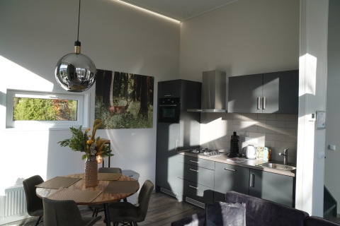 Interno moderno e luminoso di una tiny house presso Holiday Park De Rimboe & De Woeste Hoogte 41, Paesi Bassi.
