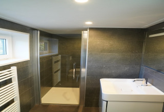 Bagno moderno e compatto con doccia, lavandino e finestra in una tiny house al Holiday Park De Rimboe.