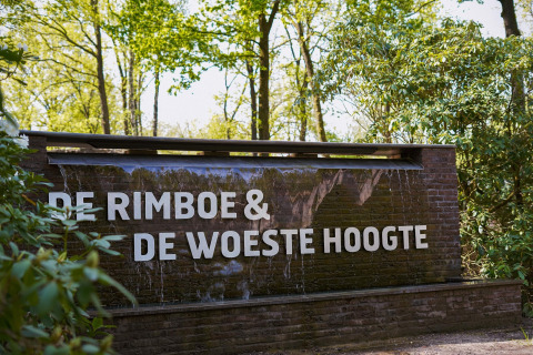 Panneau à l'entrée de Holiday Park De Rimboe & De Woeste Hoogte 41, entouré d'arbres aux Pays-Bas.