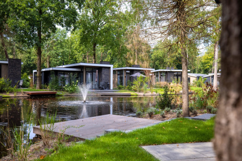 Hébergements glamping modernes au bord d’un étang avec fontaine entourés d’arbres et de verdure l’été.