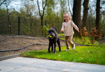 Petite fille jouant avec un chien noir portant une balle au Holiday Park De Rimboe & De Woeste Hoogte 41, aux Pays-Bas.