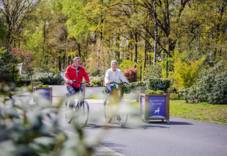 Deux personnes font du vélo à Holiday Park De Rimboe & De Woeste Hoogte 41, entourées d'arbres verdoyants.