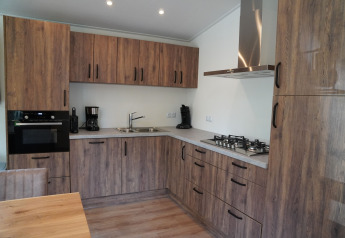 Modern wood-paneled kitchen at Holiday Park De Rimboe & De Woeste Hoogte 25, Netherlands, with stove and oven.