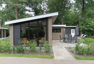 Lodge moderno en Holiday Park De Rimboe & De Woeste Hoogte 25 en los Países Bajos, rodeado de árboles.